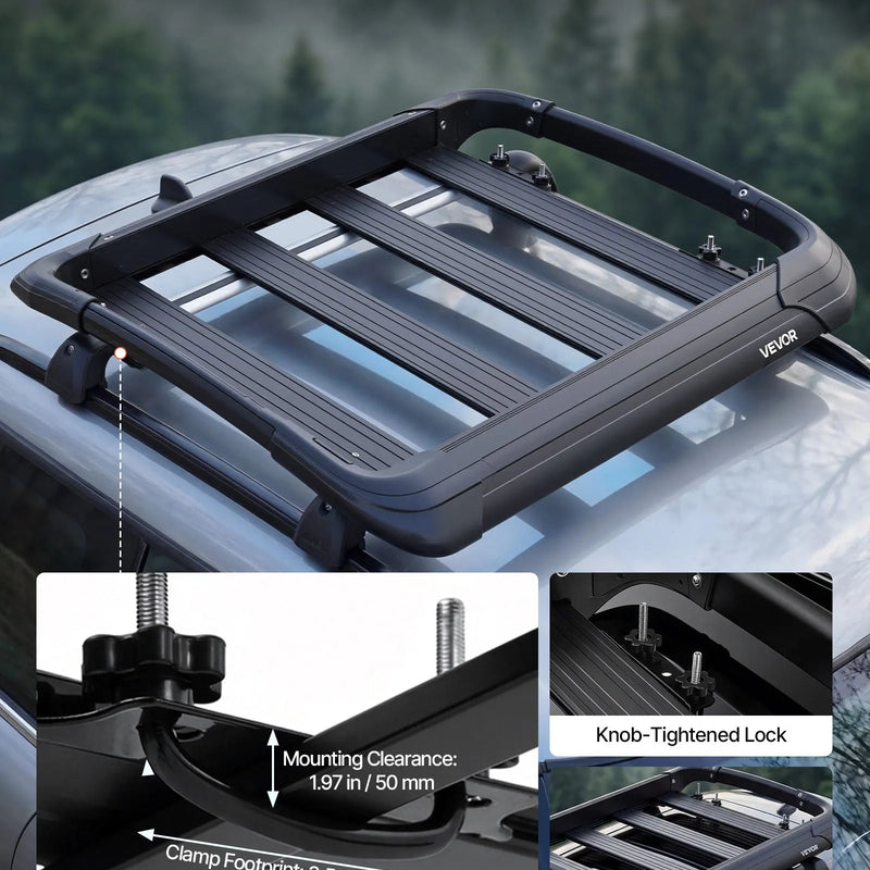 VEVOR jumta bagāžas grozs, 965 × 965 × 142 mm, universāls smagas slodzes jumta bagāžas grozs, kravnesība līdz 68 kg, visiem laikapstākļiem piemērots auto jumta bagāžas turētājs, piemērots šķērsstieņiem līdz 90 × 50 mm, SUV un pikapiem