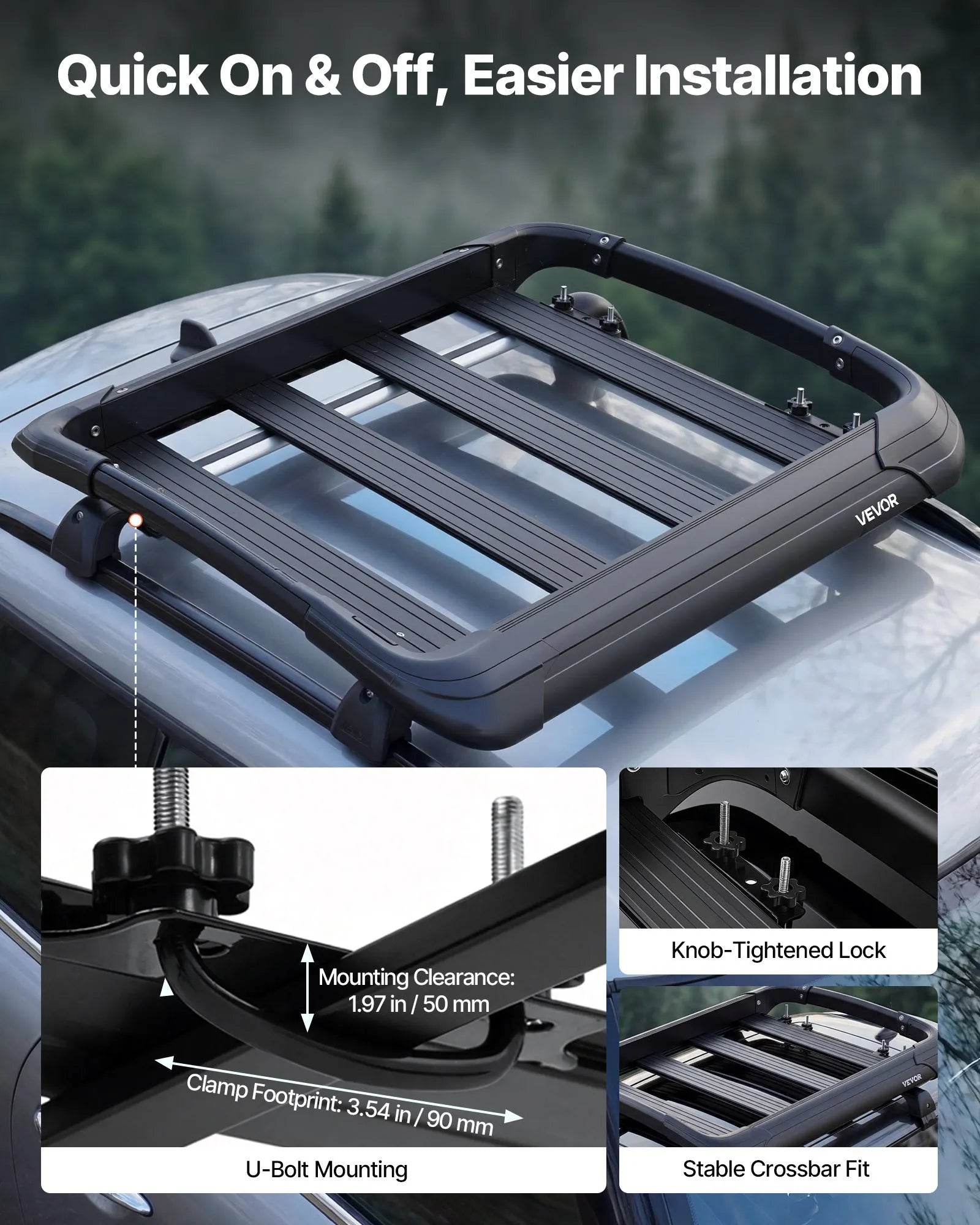 VEVOR jumta bagāžas grozs, 965 × 965 × 142 mm, universāls smagas slodzes jumta bagāžas grozs, kravnesība līdz 68 kg, visiem laikapstākļiem piemērots auto jumta bagāžas turētājs, piemērots šķērsstieņiem līdz 90 × 50 mm, SUV un pikapiem