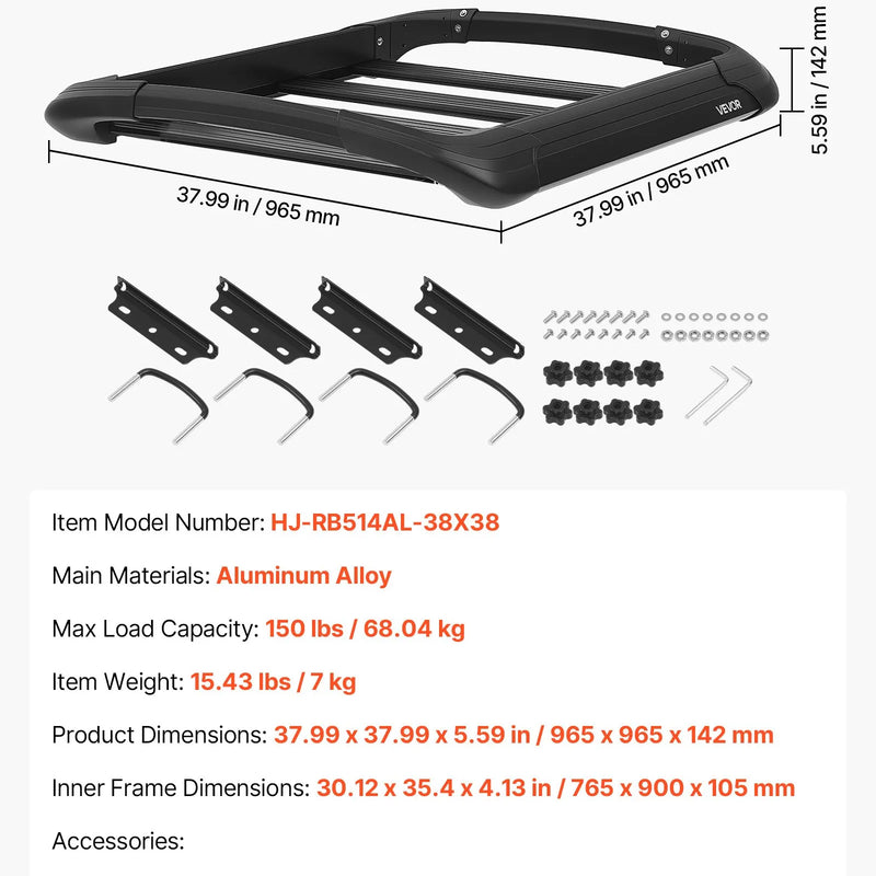VEVOR jumta bagāžas grozs, 965 × 965 × 142 mm, universāls smagas slodzes jumta bagāžas grozs, kravnesība līdz 68 kg, visiem laikapstākļiem piemērots auto jumta bagāžas turētājs, piemērots šķērsstieņiem līdz 90 × 50 mm, SUV un pikapiem