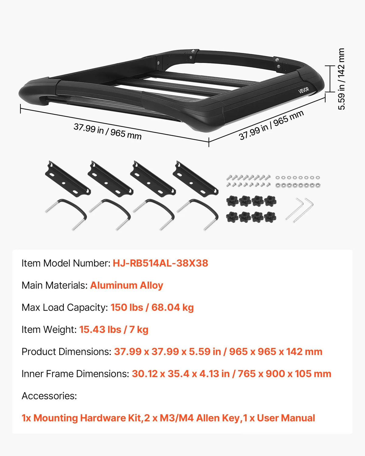 VEVOR jumta bagāžas grozs, 965 × 965 × 142 mm, universāls smagas slodzes jumta bagāžas grozs, kravnesība līdz 68 kg, visiem laikapstākļiem piemērots auto jumta bagāžas turētājs, piemērots šķērsstieņiem līdz 90 × 50 mm, SUV un pikapiem