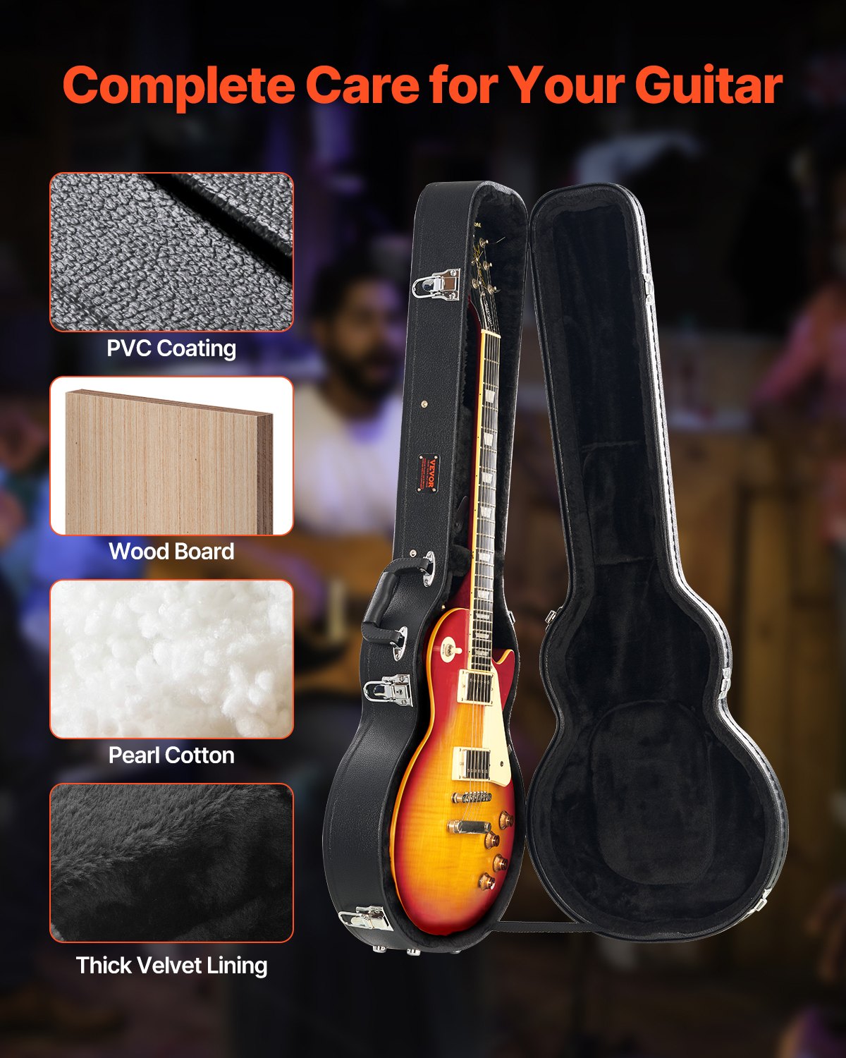 VEVOR elektriskās ģitāras cietais koferis, 105 cm, ar slēdzeni un atslēgu, piemērots Les Paul ģitārām