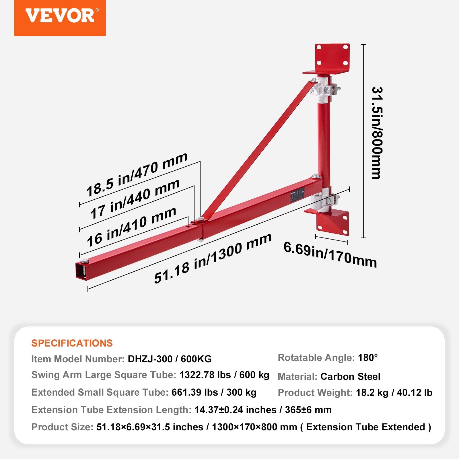 VEVOR elektriskā pacēlāja balsta sviras roka ar statni, maksimālā celtspēja 600 kg, tērauda rāmis, 180° grozāma konstrukcija, paredzēta vinču un pacēlāju stiprināšanai darbnīcās un garāžās
