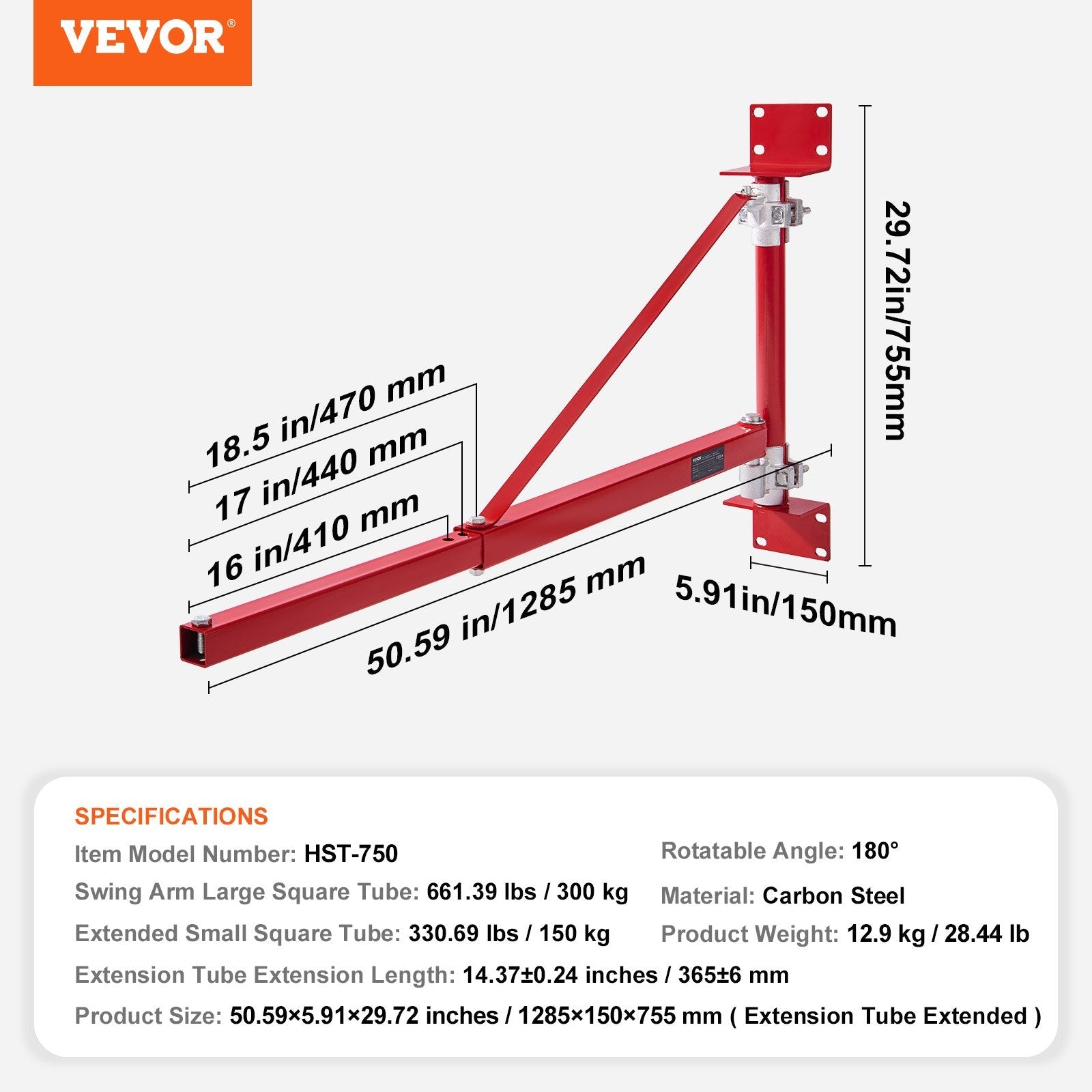 VEVOR elektriskā pacēlāja balsta sviras roka, maksimālā celtspēja 300 kg, tērauda konstrukcija ar statni, 180° grozāma, paredzēta vinču un pacēlāju stiprināšanai darbnīcās un garāžās