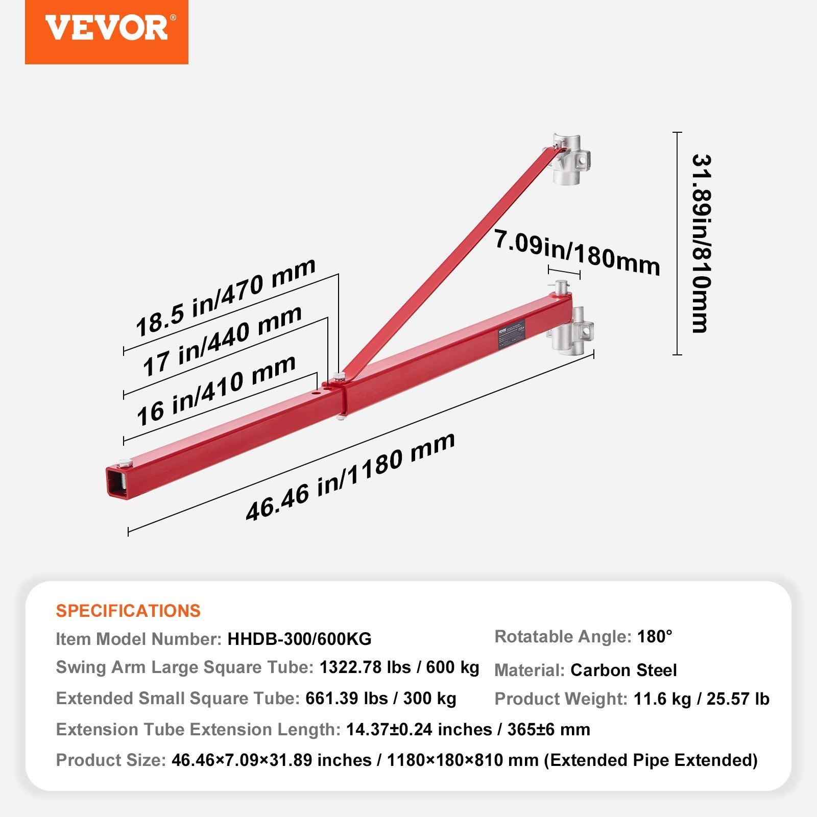 VEVOR elektriskā pacēlāja balsta sviras roka, maksimālā celtspēja 600 kg, tērauda konstrukcija, 180° grozāma, paredzēta vinču un pacēlāju stiprināšanai darbnīcās un garāžās