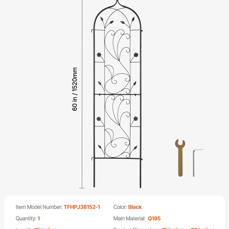 VEVOR dārza režģis kāpjošiem augiem 152,4 × 38,1 cm, rūsas izturīgs metāla režģis rozēm, klematēm un gurķiem, dekoratīvs augsts augu balsts dārzam, pagalmam un zālienam