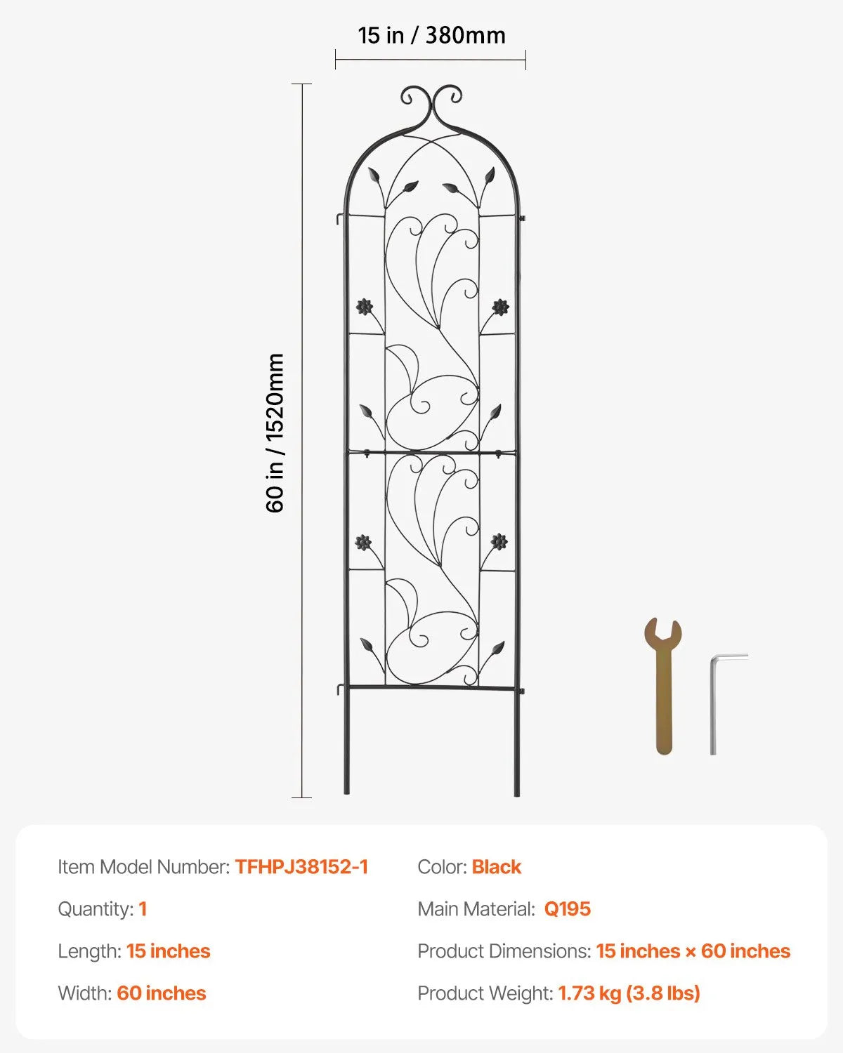 VEVOR dārza režģis kāpjošiem augiem 152,4 × 38,1 cm, rūsas izturīgs metāla režģis rozēm, klematēm un gurķiem, dekoratīvs augsts augu balsts dārzam, pagalmam un zālienam