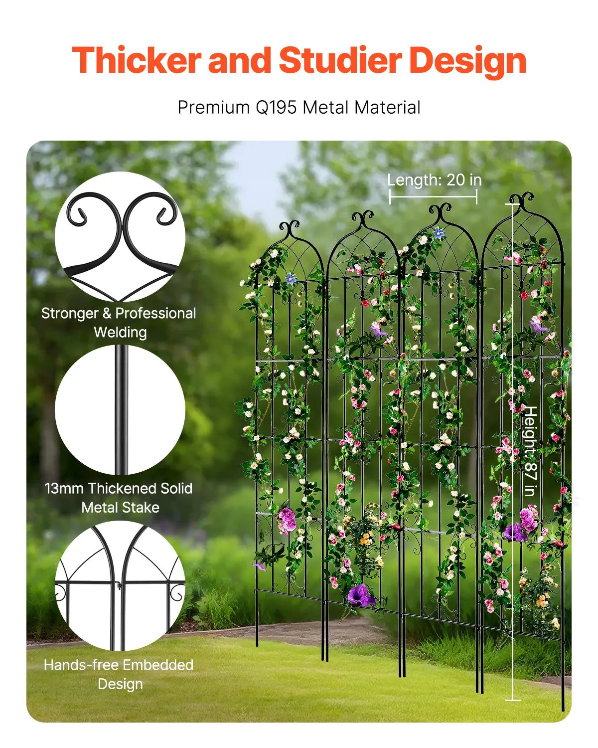 VEVOR dārza režģis kāpjošiem augiem 221 × 50,8 cm, 4 gab., rūsas izturīgs metāla dārza režģis rozēm, klematēm un gurķiem, dekoratīvs augu balsts dārzam, pagalmam un zālienam