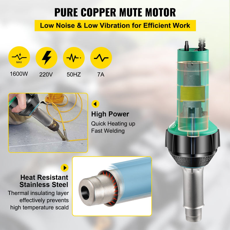 Fēna pistole 1600 W, 220 V, 8 daļu PVC komplekts, karstā gaisa pistole ar mikas sildīšanas kodolu, temperatūras regulēšana 40–600 °C