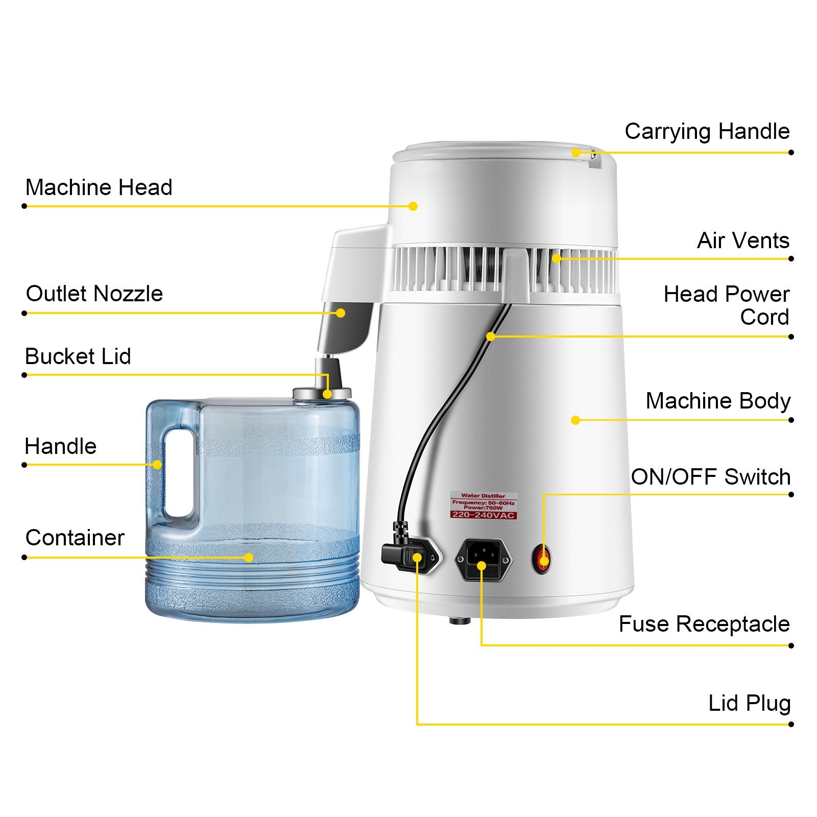 4L VEVOR 750W 220V Tīra Ūdens Destilators – 1L/h Ūdens Attīrītājs ar Filtru