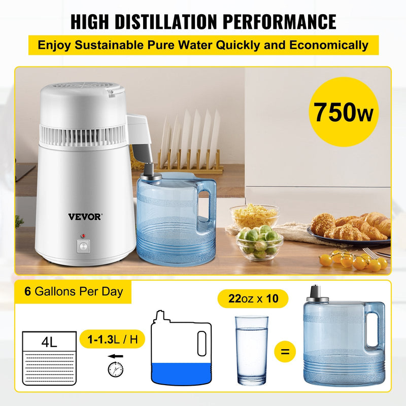 4L VEVOR 750W 220V Tīra Ūdens Destilators – 1L/h Ūdens Attīrītājs ar Filtru