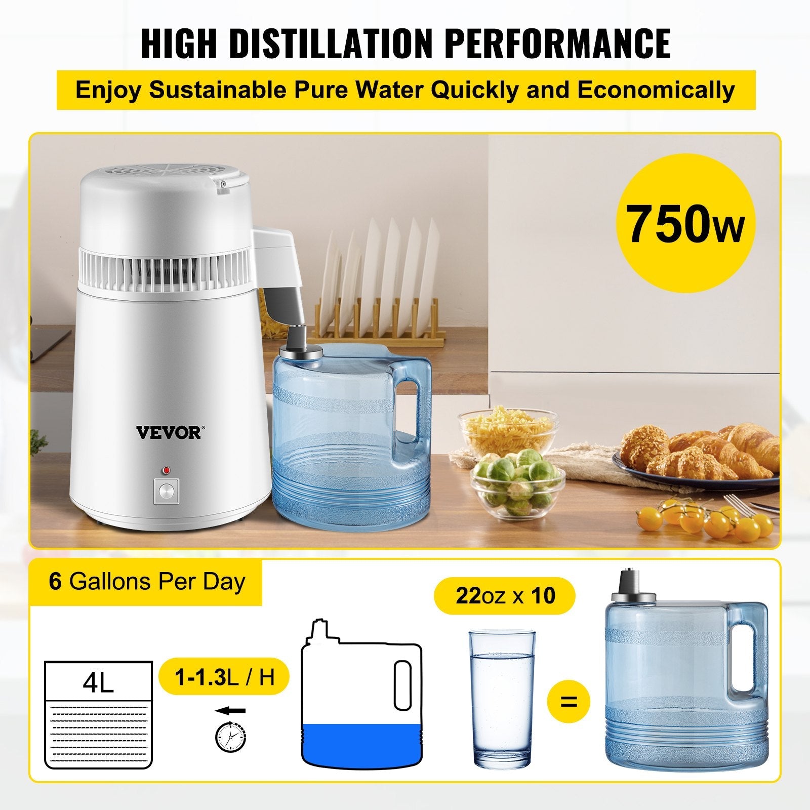 4L VEVOR 750W 220V Tīra Ūdens Destilators – 1L/h Ūdens Attīrītājs ar Filtru