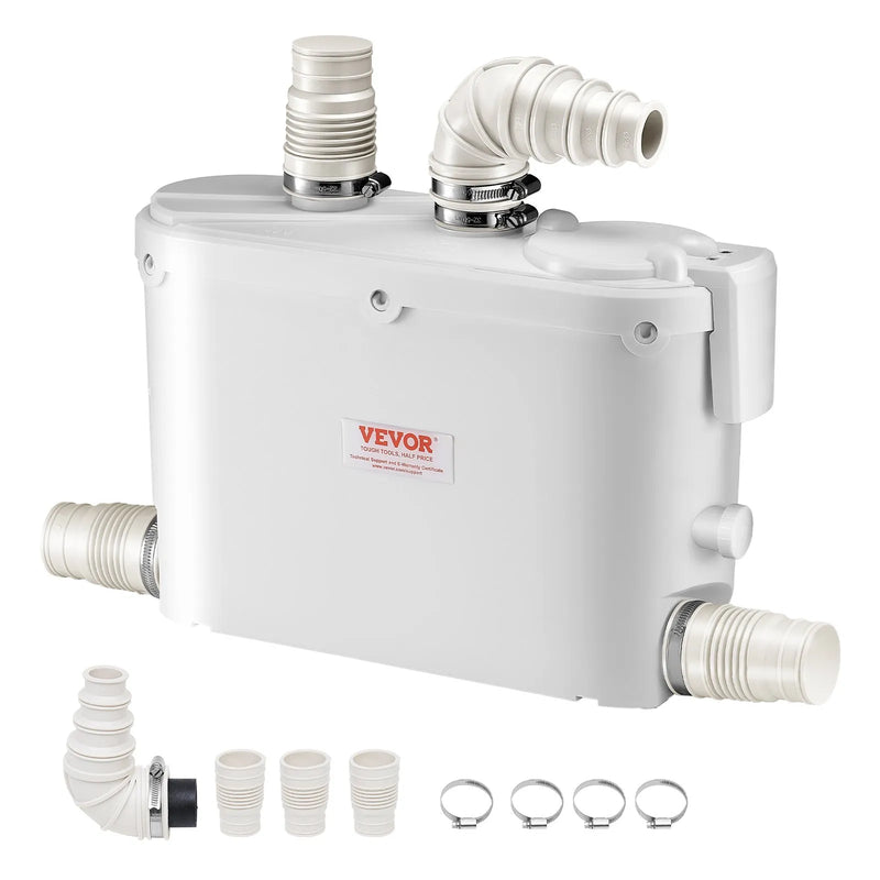 VEVOR kanalizācijas smalcinātājsūknis 500 W, plūsma līdz 110 l/min, pacelšanas augstums līdz 8 m, ar 4 ūdens ieplūdēm, notekūdeņu pacelšanas iekārta virtuvei, pagrabam, dušai, izlietnei, veļas mazgātavai un vannai