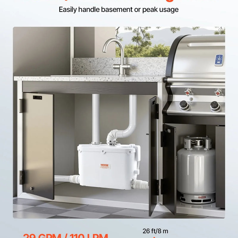 VEVOR kanalizācijas smalcinātājsūknis 500 W, plūsma līdz 110 l/min, pacelšanas augstums līdz 8 m, ar 4 ūdens ieplūdēm, notekūdeņu pacelšanas iekārta virtuvei, pagrabam, dušai, izlietnei, veļas mazgātavai un vannai
