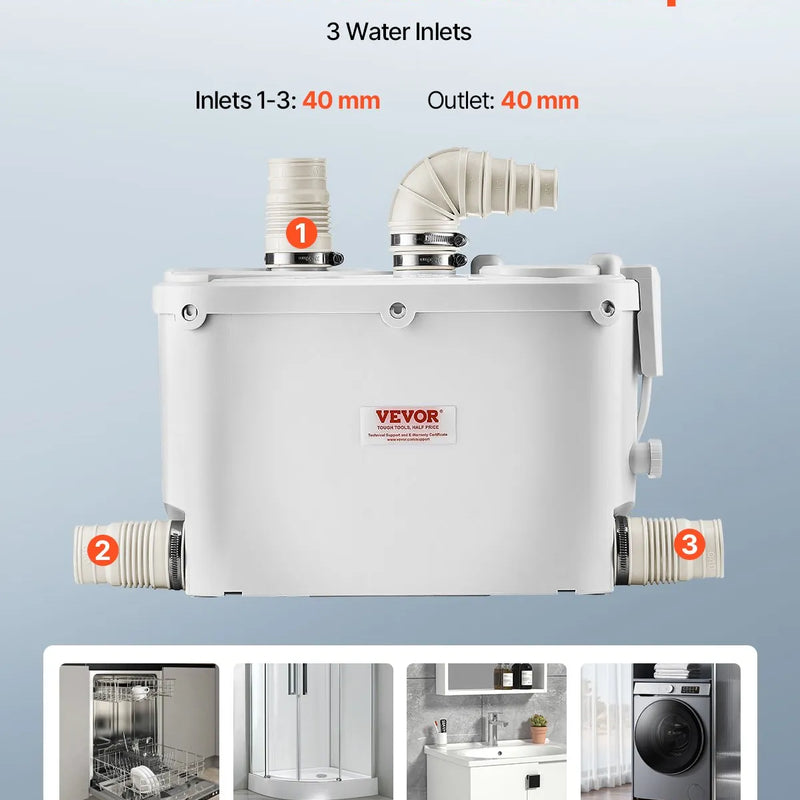 VEVOR kanalizācijas smalcinātājsūknis 500 W, plūsma līdz 110 l/min, pacelšanas augstums līdz 8 m, ar 4 ūdens ieplūdēm, notekūdeņu pacelšanas iekārta virtuvei, pagrabam, dušai, izlietnei, veļas mazgātavai un vannai