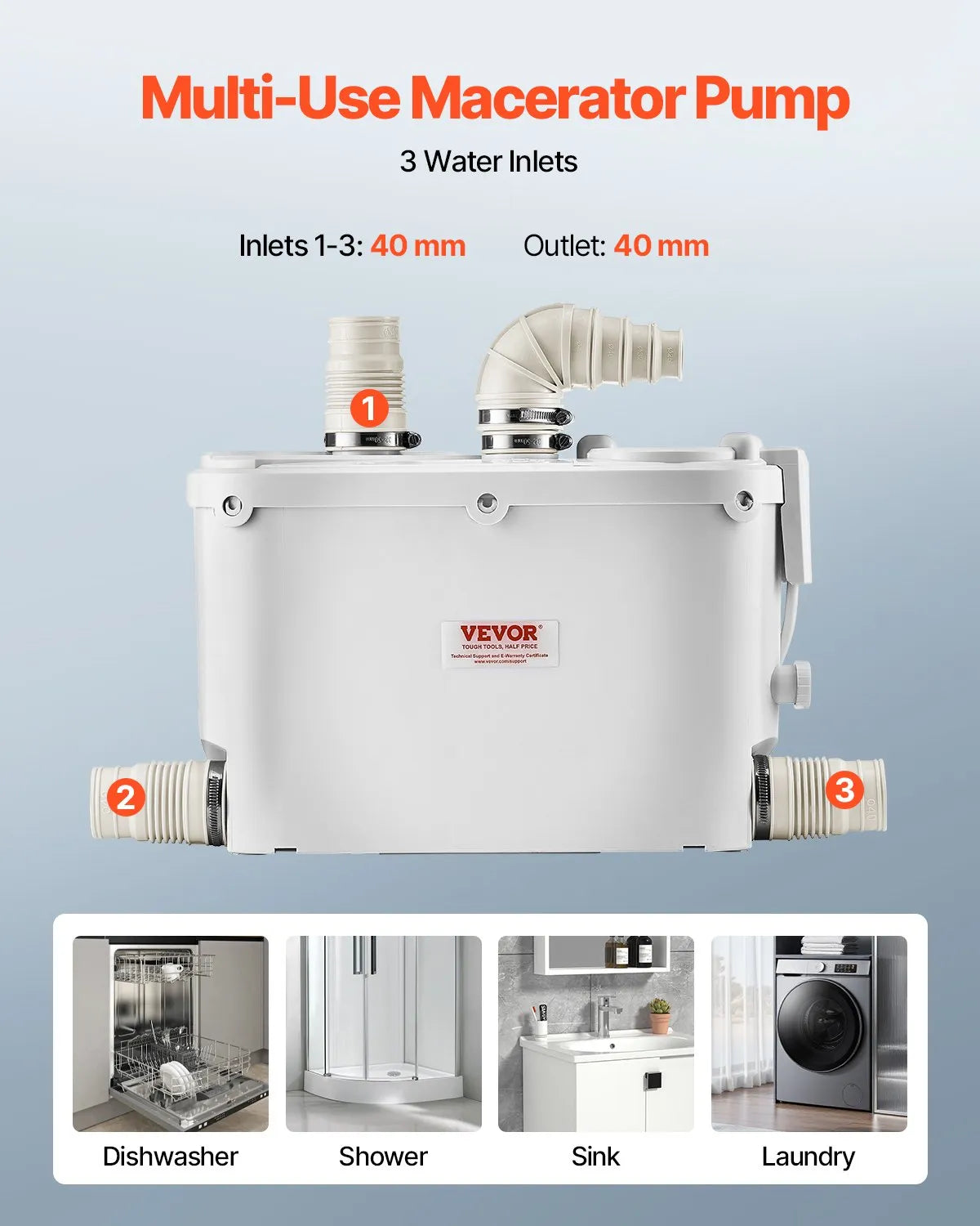 VEVOR kanalizācijas smalcinātājsūknis 500 W, plūsma līdz 110 l/min, pacelšanas augstums līdz 8 m, ar 4 ūdens ieplūdēm, notekūdeņu pacelšanas iekārta virtuvei, pagrabam, dušai, izlietnei, veļas mazgātavai un vannai