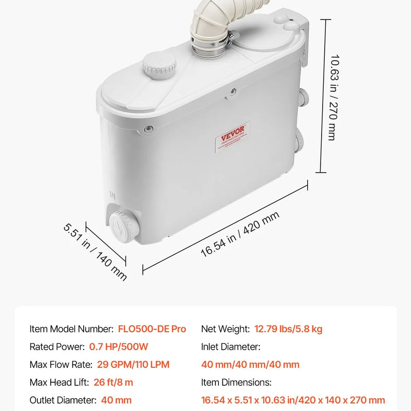 VEVOR kanalizācijas smalcinātājsūknis 500 W, plūsma līdz 110 l/min, pacelšanas augstums līdz 8 m, ar 4 ūdens ieplūdēm, notekūdeņu pacelšanas iekārta virtuvei, pagrabam, dušai, izlietnei, veļas mazgātavai un vannai