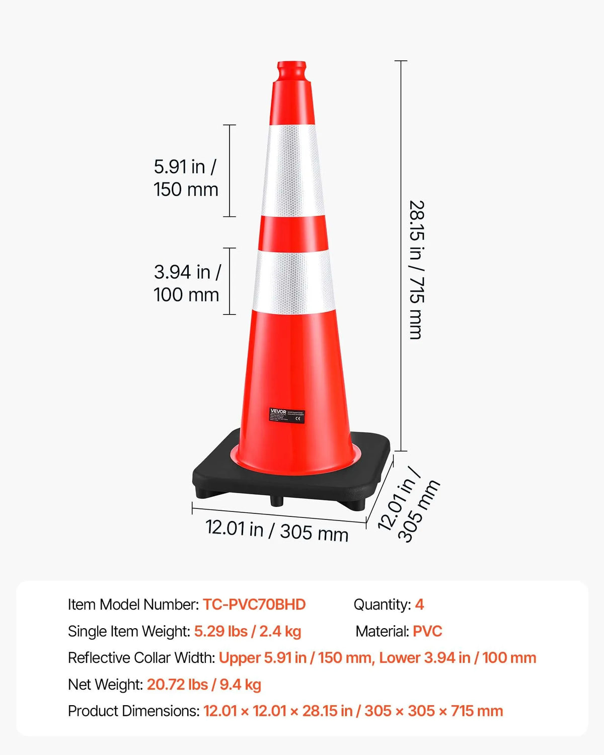 VEVOR 4 gab. 715 mm satiksmes konusi ar atstarojošām joslām un smagu pamatni