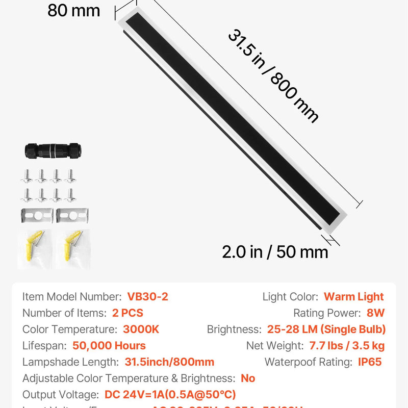 VEVOR āra sienas gaismekļi, 2 gab., 800 mm gari moderni āra sienas lampu paneļi, 3000 K silti balta gaisma, IP65 ūdensizturīgi un nerūsējoši sienas gaismekļi mājai, lievenim un garāžai