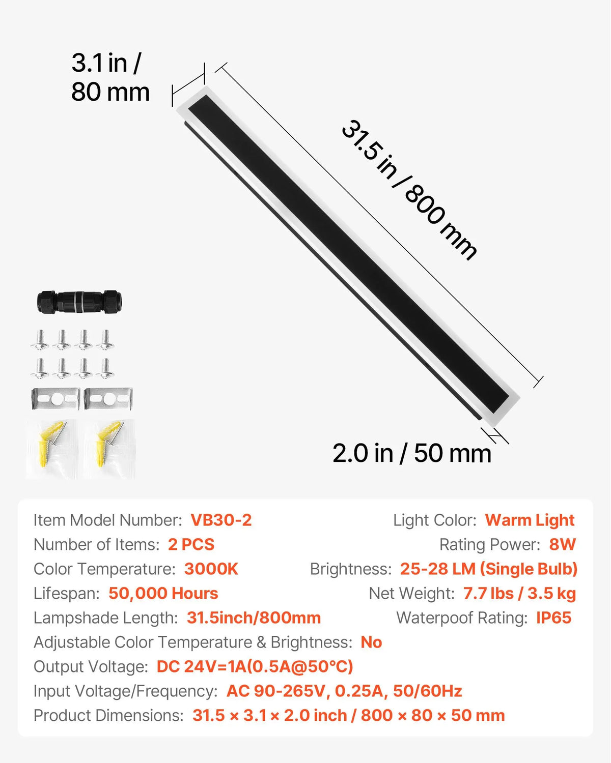 VEVOR āra sienas gaismekļi, 2 gab., 800 mm gari moderni āra sienas lampu paneļi, 3000 K silti balta gaisma, IP65 ūdensizturīgi un nerūsējoši sienas gaismekļi mājai, lievenim un garāžai