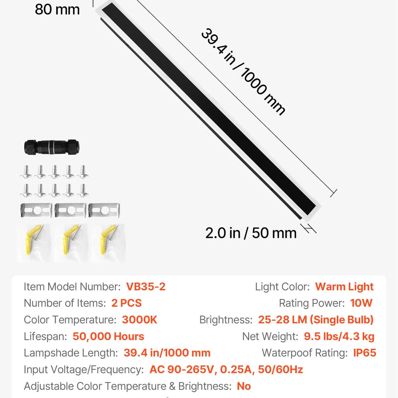 VEVOR āra sienas gaismekļi, 2 gab., 1000 mm gara moderna ārējā sienas gaismas līnija, 3000 K silti balta gaisma, IP65 ūdensizturīgi, pret rūsu aizsargāti, āra sienas apgaismojums mājai, lieveņiem un garāžām