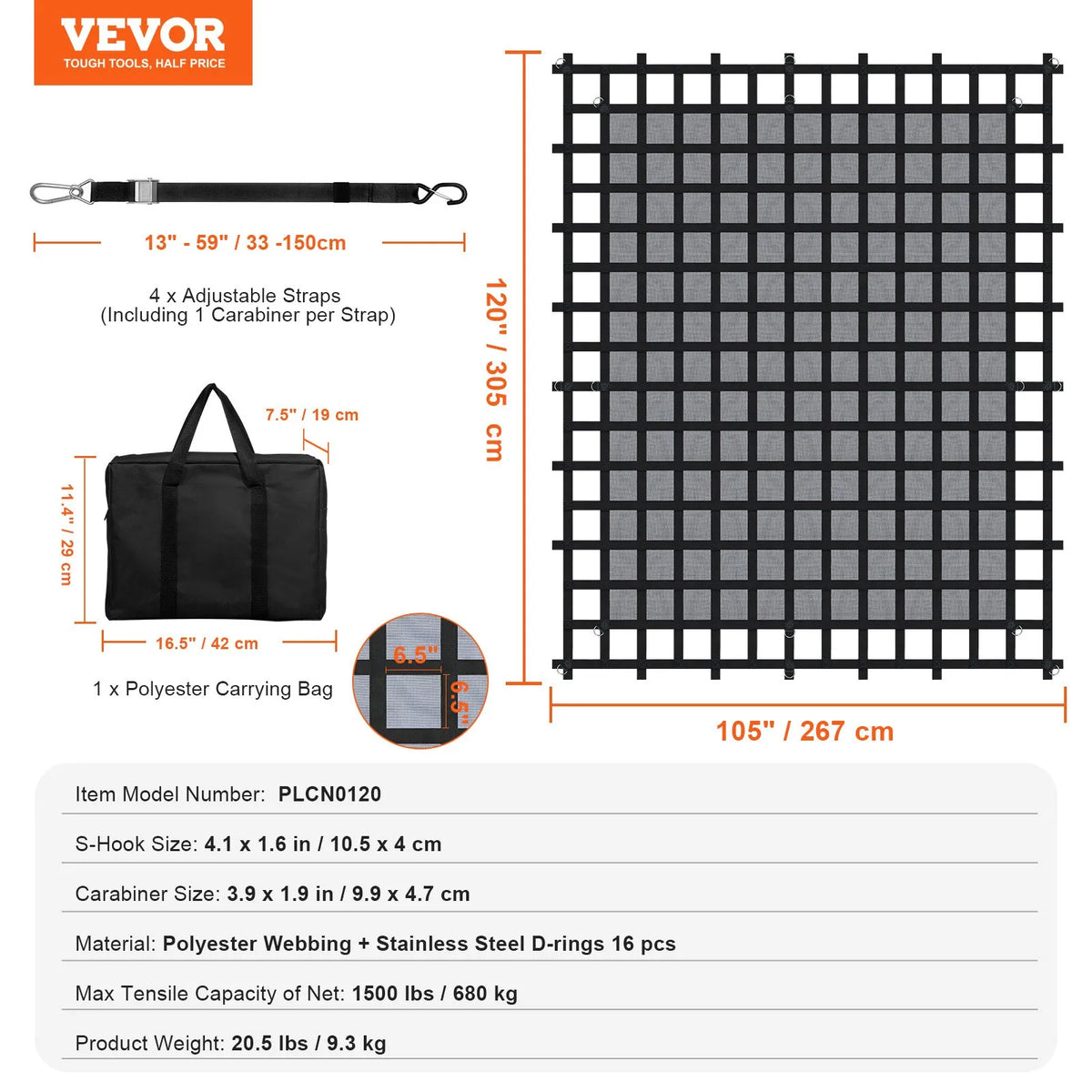 Smagsvara kravas tīkls 305 × 267 cm ar regulējamām sprādzēm un S-veida āķiem