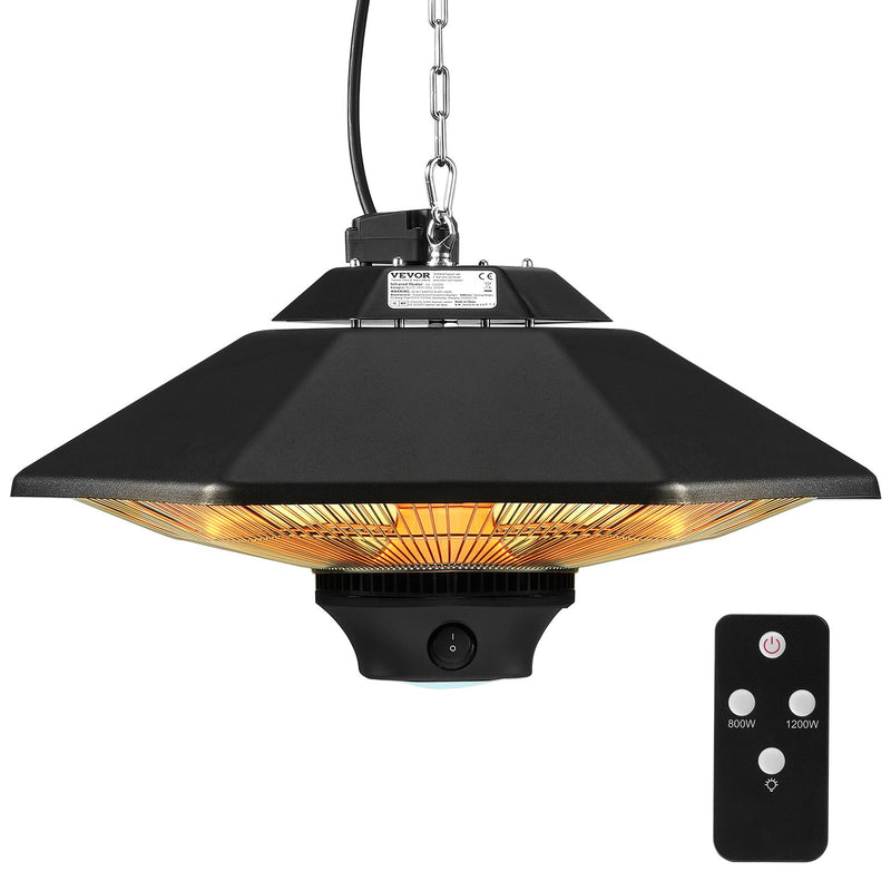 VEVOR piekaramais terases sildītājs 2000 W, elektriskais infrasarkanais sildītājs ar tālvadības pulti, piemērots lietošanai iekštelpās un ārā, IP34 aizsardzība, ar vilkšanas auklu un regulējamu ķēdi, paredzēts lievenim, terasei, ēdamistabai vai studijai