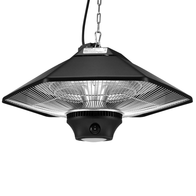 VEVOR piekaramais terases sildītājs 2000 W, elektriskais infrasarkanais sildītājs ar tālvadības pulti, piemērots lietošanai iekštelpās un ārā, IP34 aizsardzība, ar vilkšanas auklu un regulējamu ķēdi, paredzēts lievenim, terasei, ēdamistabai vai studijai