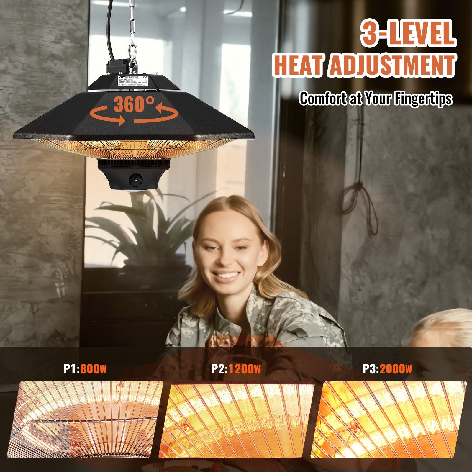 VEVOR rippuv terrassiküte 2000 W, elektriline infrapunaküte kaugjuhtimispuldiga, sobib kasutamiseks nii sise- kui ka välistingimustes, kaitse IP34, tõmbejuhtme ja reguleeritava ketiga, verandale, terrassile, söögituppa või stuudiosse.