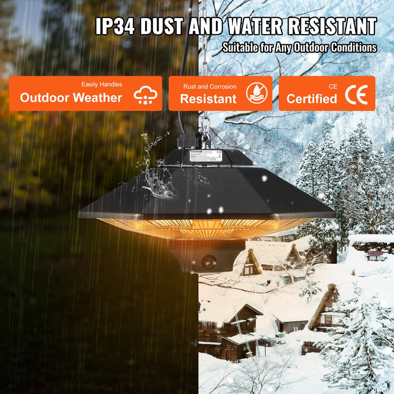 VEVOR piekaramais terases sildītājs 2000 W, elektriskais infrasarkanais sildītājs ar tālvadības pulti, piemērots lietošanai iekštelpās un ārā, IP34 aizsardzība, ar vilkšanas auklu un regulējamu ķēdi, paredzēts lievenim, terasei, ēdamistabai vai studijai