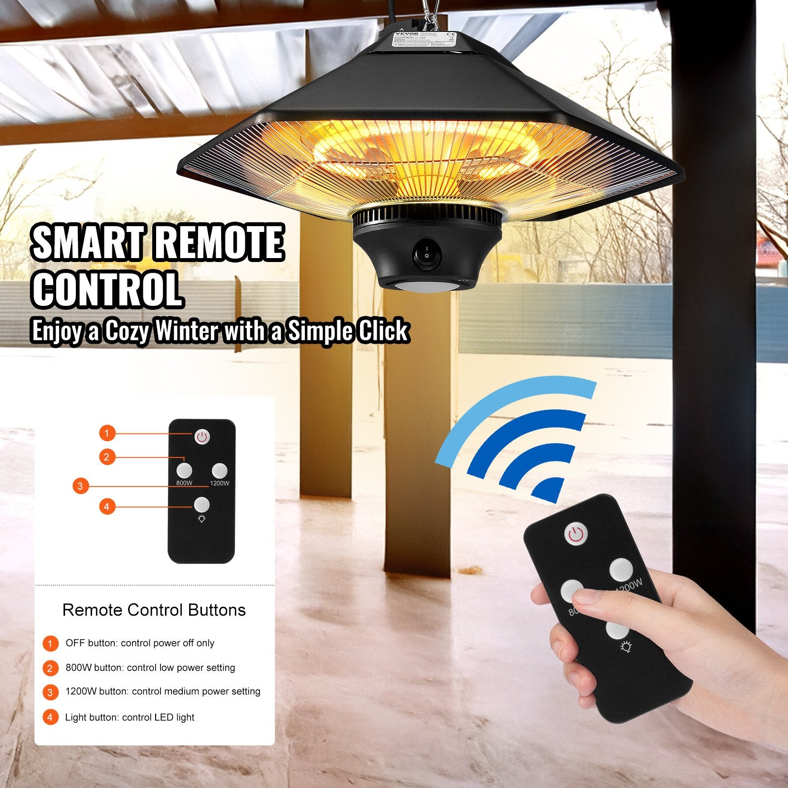 VEVOR rippuv terrassiküte 2000 W, elektriline infrapunaküte kaugjuhtimispuldiga, sobib kasutamiseks nii sise- kui ka välistingimustes, kaitse IP34, tõmbejuhtme ja reguleeritava ketiga, verandale, terrassile, söögituppa või stuudiosse.