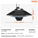 VEVOR piekaramais terases sildītājs 2000 W, elektriskais infrasarkanais sildītājs ar tālvadības pulti, piemērots lietošanai iekštelpās un ārā, IP34 aizsardzība, ar vilkšanas auklu un regulējamu ķēdi, paredzēts lievenim, terasei, ēdamistabai vai studijai