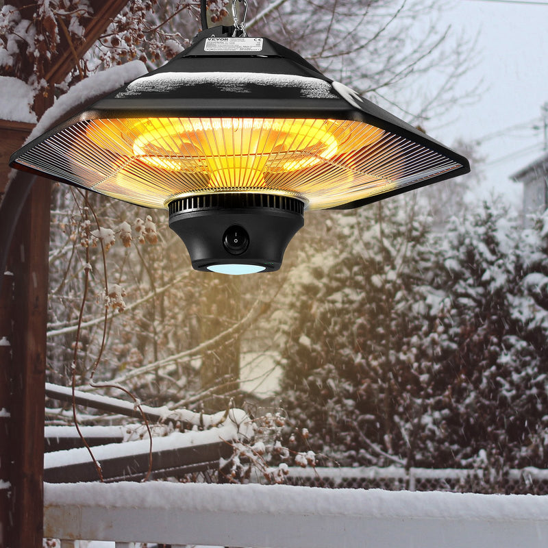 VEVOR piekaramais terases sildītājs 2000 W, elektriskais infrasarkanais sildītājs ar tālvadības pulti, piemērots lietošanai iekštelpās un ārā, IP34 aizsardzība, ar vilkšanas auklu un regulējamu ķēdi, paredzēts lievenim, terasei, ēdamistabai vai studijai