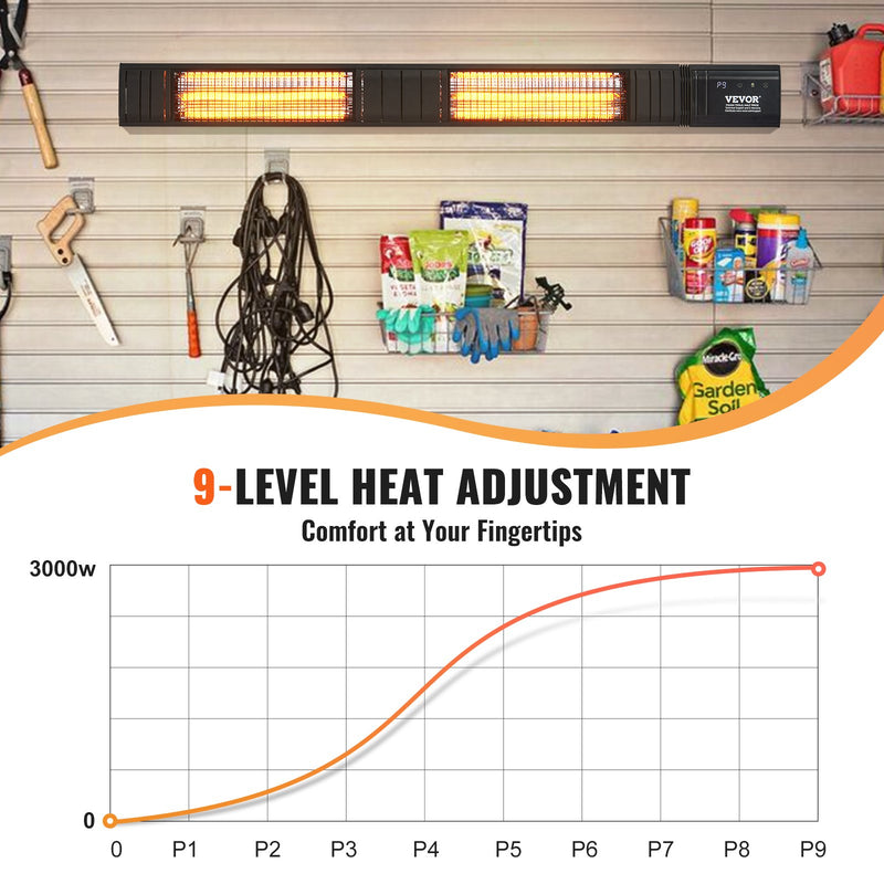 VEVOR 3000 W infrasarkanais elektriskais sildītājs ar tālvadību, 9 ātrumi, taimeris