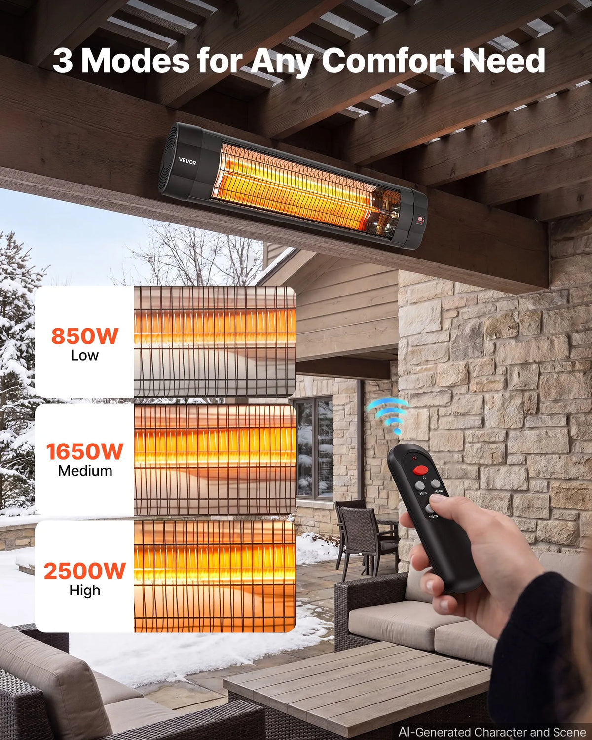 VEVOR infrasarkanais sildītājs 2500W, 3 režīmi, taimeris, melns