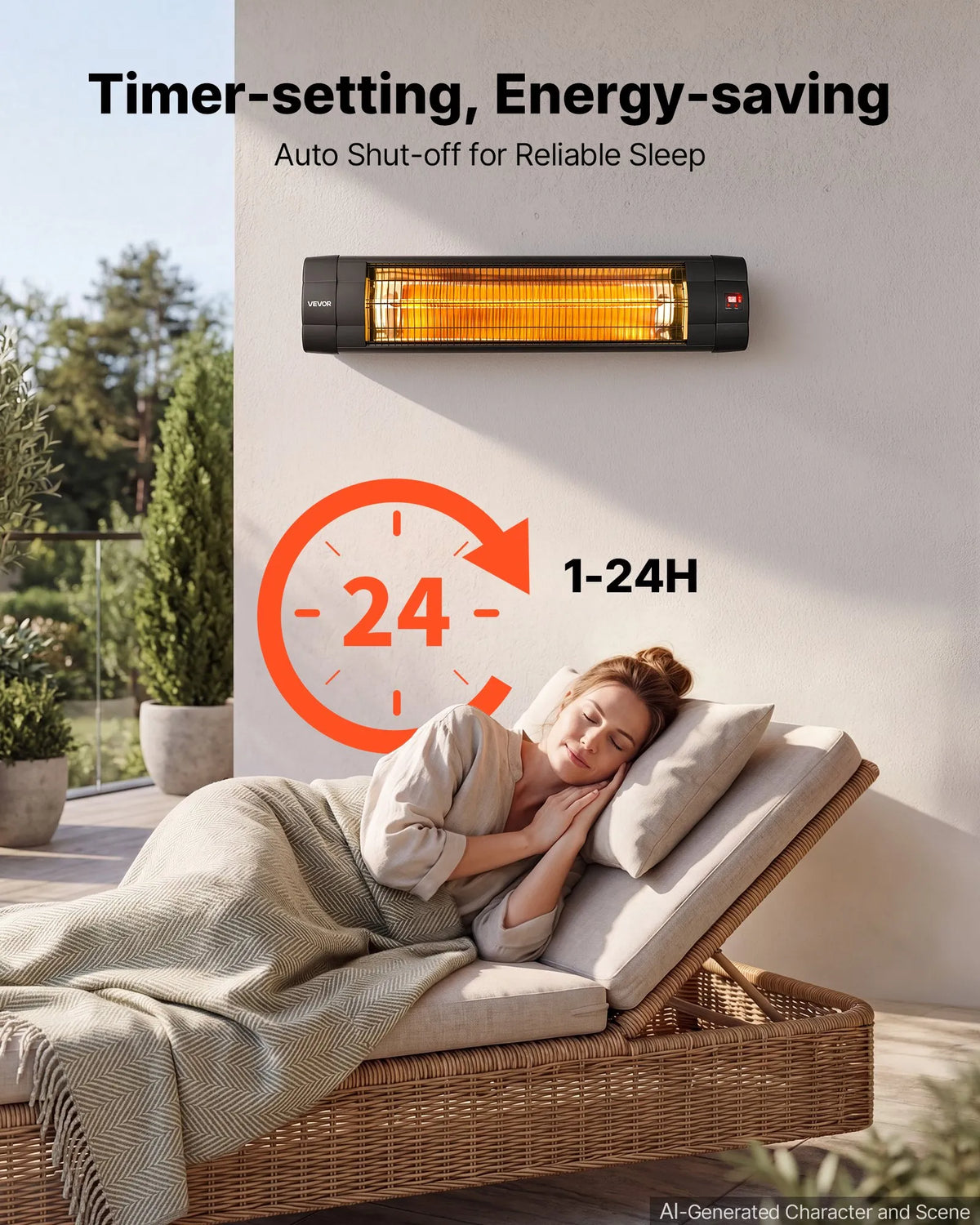 VEVOR infrasarkanais sildītājs 2500W, 3 režīmi, taimeris, melns
