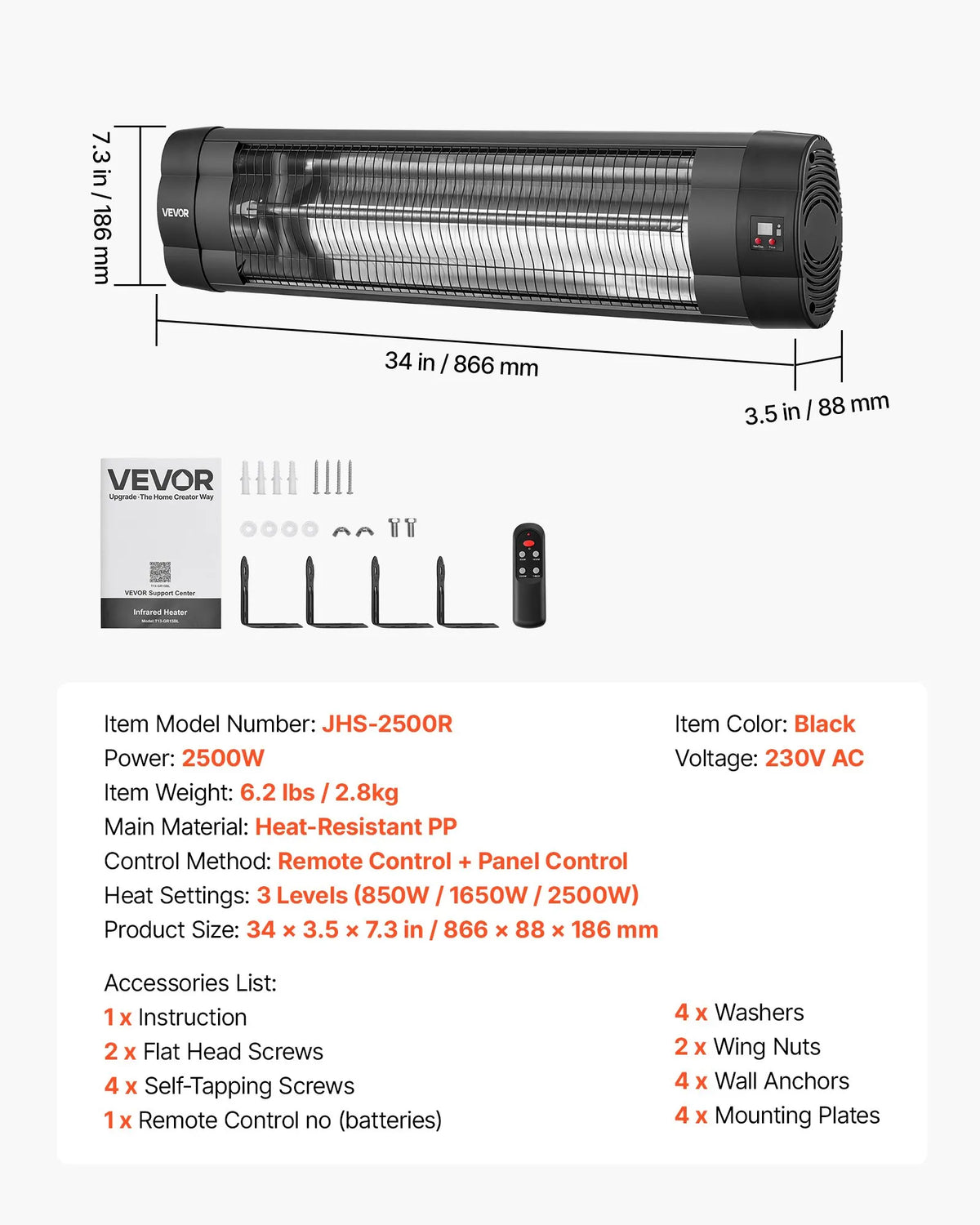 VEVOR infrasarkanais sildītājs 2500W, 3 režīmi, taimeris, melns