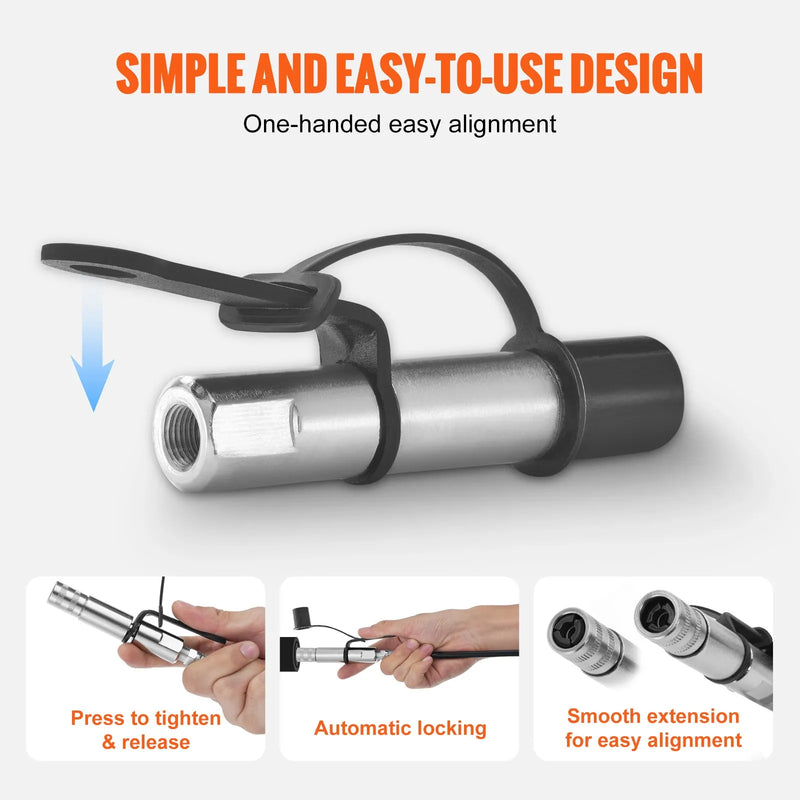 Smērvielas pistoles sakabe 10000 PSI, augstspiediena, 3-žokļu fiksācija, ātrā atbrīvošana, ar šļūteni, Zerk savienojumu tīrītāju un hermētisku vāciņu, saderīga ar visām smērvielas pistolēm 3,2 mm NPT savienojumiem