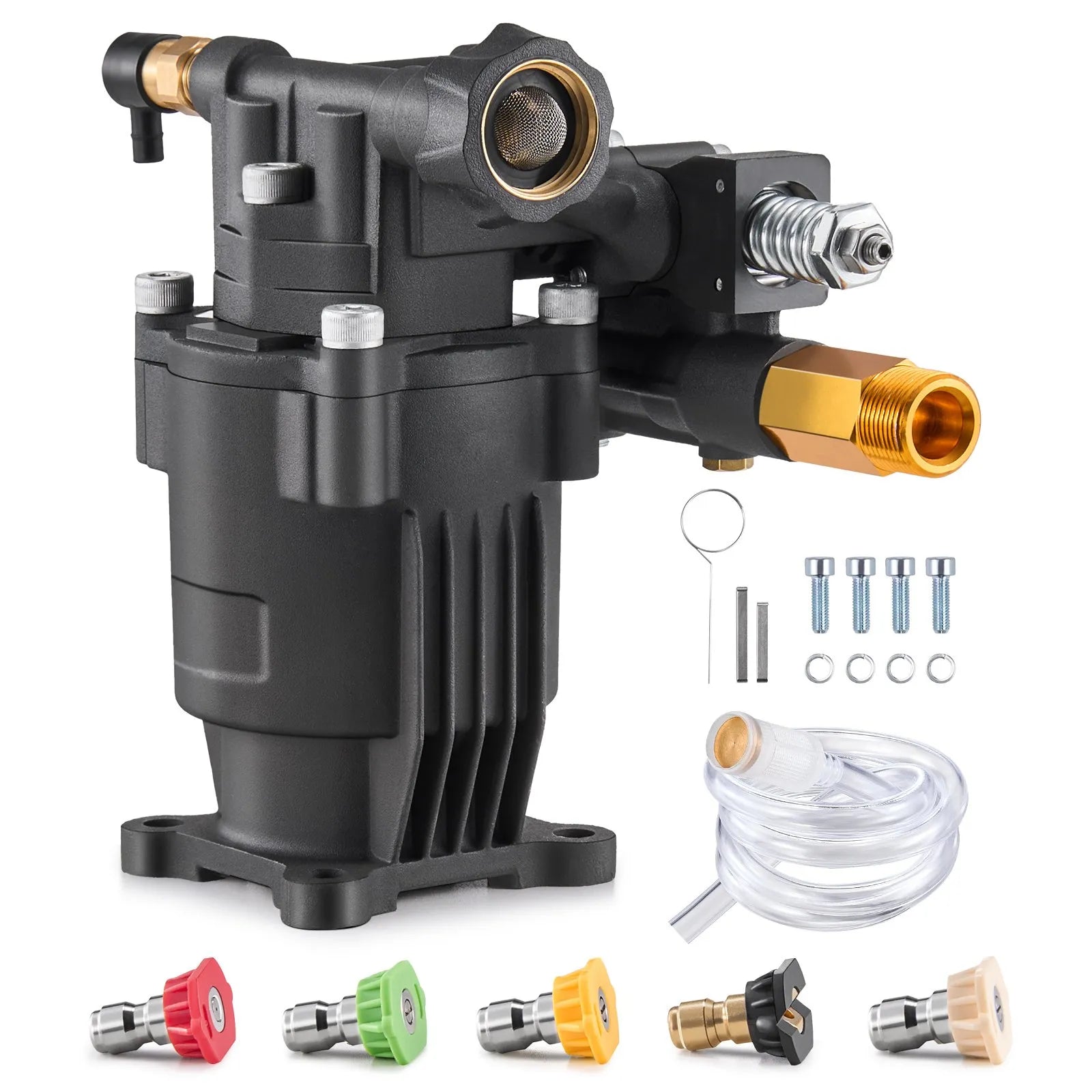VEVOR augstspiediena mazgātāja sūknis ar horizontālu 19 mm (3/4″) vārpstu, darba spiediens līdz 241 bar, plūsma 9,5 l/min, rezerves sūkņa komplekts ar 5 sprauslām, montāžas piederumiem un sifona cauruli, saderīgs ar Simpson, Honda, Troy-Bilt un Generac