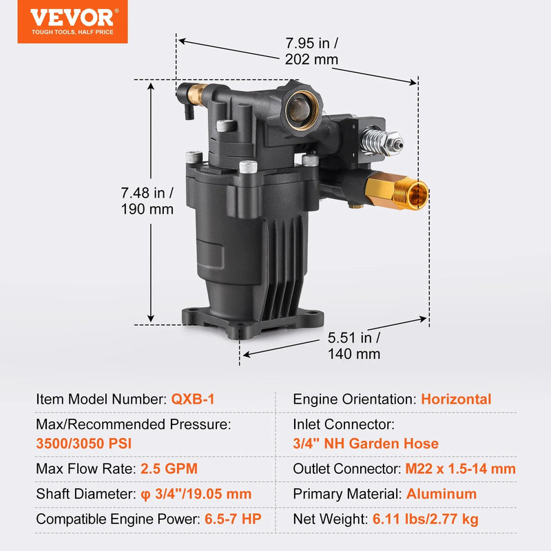 VEVOR augstspiediena mazgātāja sūknis ar horizontālu 19 mm (3/4″) vārpstu, darba spiediens līdz 241 bar, plūsma 9,5 l/min, rezerves sūkņa komplekts ar 5 sprauslām, montāžas piederumiem un sifona cauruli, saderīgs ar Simpson, Honda, Troy-Bilt un Generac