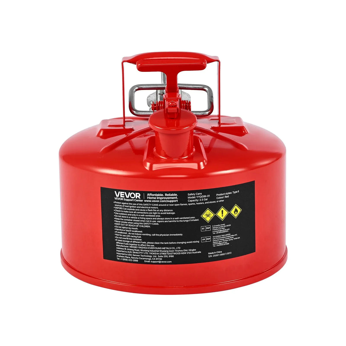 VEVOR drošības degvielas kanna 9,5 l, II tipa benzīna kanna ar nerūsējošā tērauda liesmas slāpētāju, pašnoslēdzošu vāku un elastīgu metāla uzgali, oglekļa tērauda uzliesmojošu šķidrumu uzglabāšanas tvertne ar ergonomisku rokturi