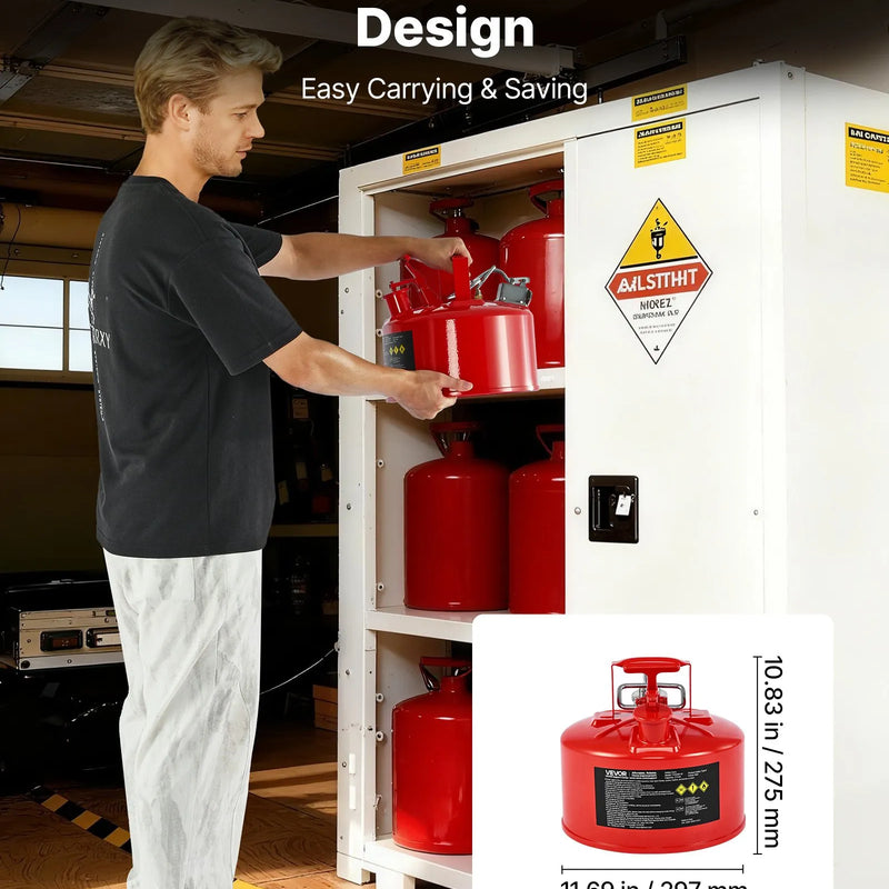 VEVOR drošības degvielas kanna 9,5 l, II tipa benzīna kanna ar nerūsējošā tērauda liesmas slāpētāju, pašnoslēdzošu vāku un elastīgu metāla uzgali, oglekļa tērauda uzliesmojošu šķidrumu uzglabāšanas tvertne ar ergonomisku rokturi