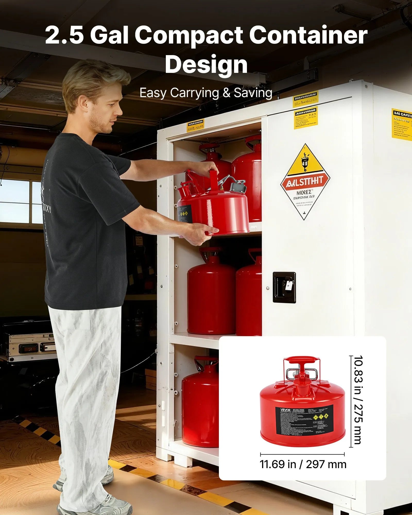 VEVOR drošības degvielas kanna 9,5 l, II tipa benzīna kanna ar nerūsējošā tērauda liesmas slāpētāju, pašnoslēdzošu vāku un elastīgu metāla uzgali, oglekļa tērauda uzliesmojošu šķidrumu uzglabāšanas tvertne ar ergonomisku rokturi