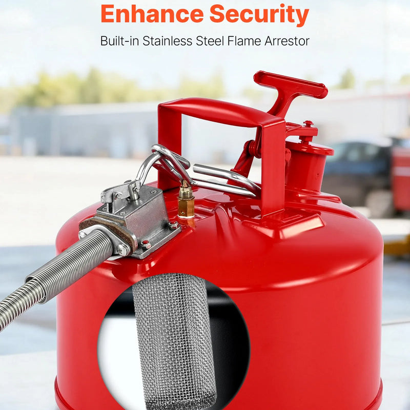 VEVOR drošības degvielas kanna 9,5 l, II tipa benzīna kanna ar nerūsējošā tērauda liesmas slāpētāju, pašnoslēdzošu vāku un elastīgu metāla uzgali, oglekļa tērauda uzliesmojošu šķidrumu uzglabāšanas tvertne ar ergonomisku rokturi