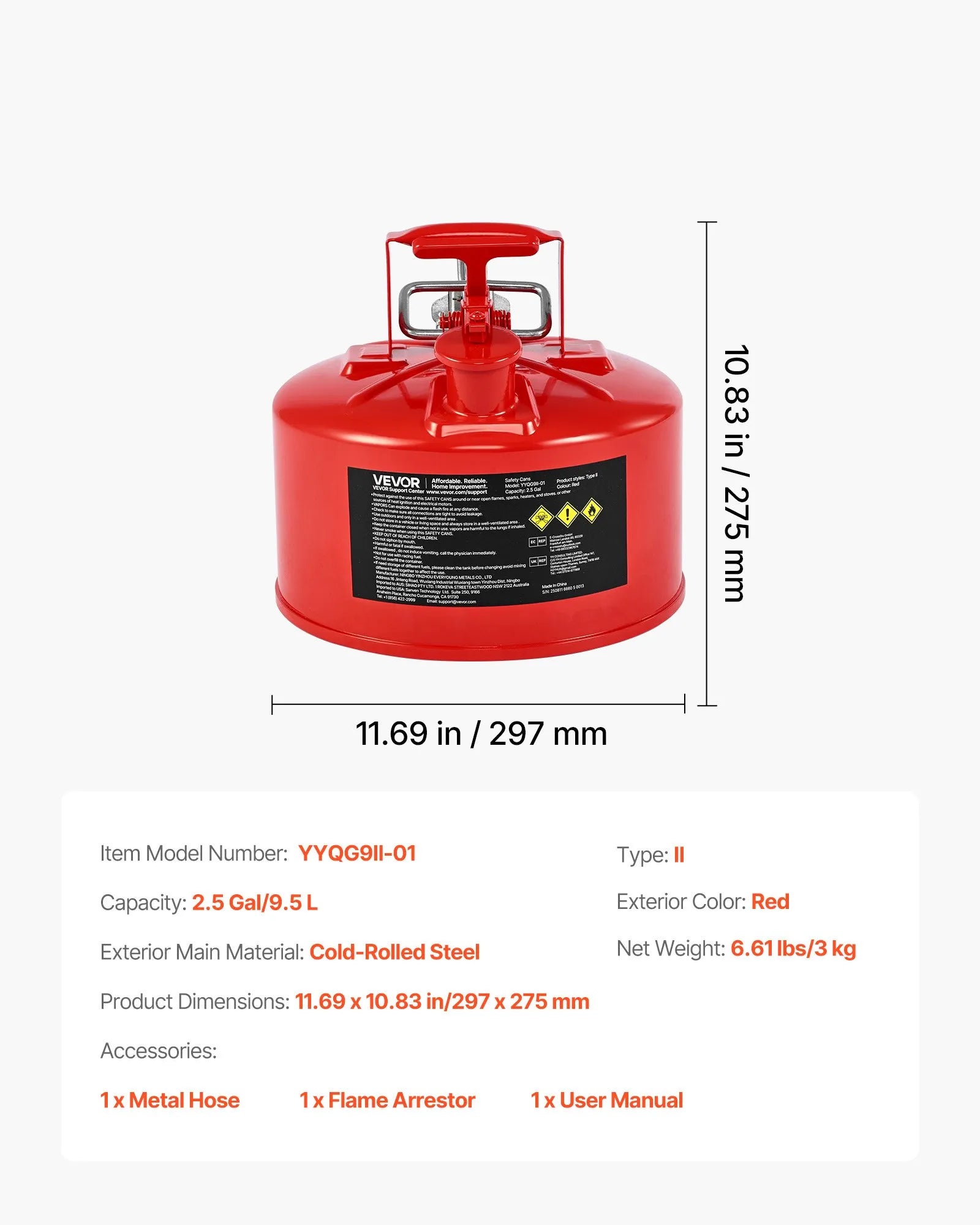 VEVOR drošības degvielas kanna 9,5 l, II tipa benzīna kanna ar nerūsējošā tērauda liesmas slāpētāju, pašnoslēdzošu vāku un elastīgu metāla uzgali, oglekļa tērauda uzliesmojošu šķidrumu uzglabāšanas tvertne ar ergonomisku rokturi