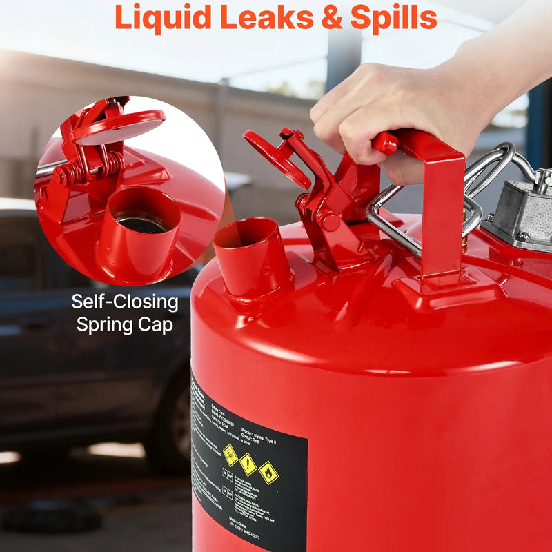 VEVOR drošības degvielas kanna 19 l, II tipa benzīna kanna ar nerūsējošā tērauda liesmas slāpētāju, pašnoslēdzošu vāku un elastīgu metāla uzgali, oglekļa tērauda uzliesmojošu šķidrumu uzglabāšanas tvertne ar ergonomisku rokturi