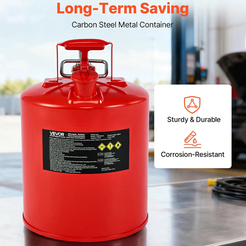 VEVOR drošības degvielas kanna 19 l, II tipa benzīna kanna ar nerūsējošā tērauda liesmas slāpētāju, pašnoslēdzošu vāku un elastīgu metāla uzgali, oglekļa tērauda uzliesmojošu šķidrumu uzglabāšanas tvertne ar ergonomisku rokturi