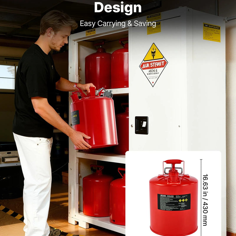 VEVOR drošības degvielas kanna 19 l, II tipa benzīna kanna ar nerūsējošā tērauda liesmas slāpētāju, pašnoslēdzošu vāku un elastīgu metāla uzgali, oglekļa tērauda uzliesmojošu šķidrumu uzglabāšanas tvertne ar ergonomisku rokturi