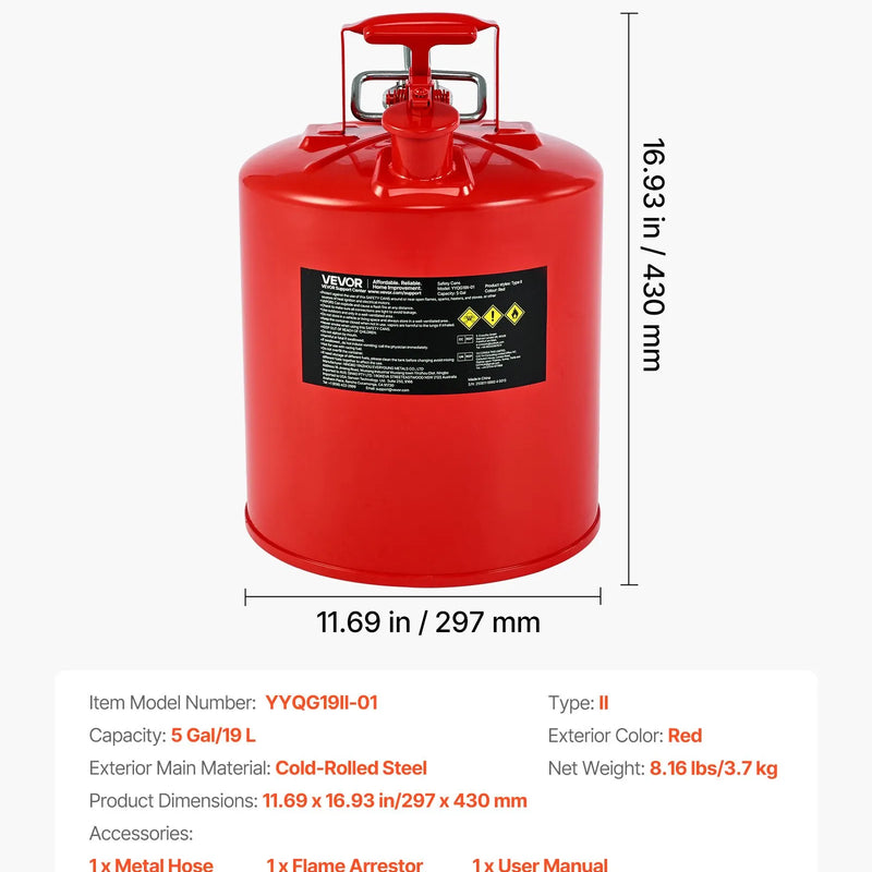 VEVOR drošības degvielas kanna 19 l, II tipa benzīna kanna ar nerūsējošā tērauda liesmas slāpētāju, pašnoslēdzošu vāku un elastīgu metāla uzgali, oglekļa tērauda uzliesmojošu šķidrumu uzglabāšanas tvertne ar ergonomisku rokturi