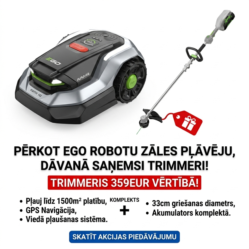 +trimmeris 359eur vērtībā dāvanā_1500 m²_Bezvadu zāliena robots EGO Power+ AURA-R2 RMR1500 + dāvanā Akumulatora trimmeris EGO Power+ Split-Shaft ST1301E-S 33cm 359.00 EUR
