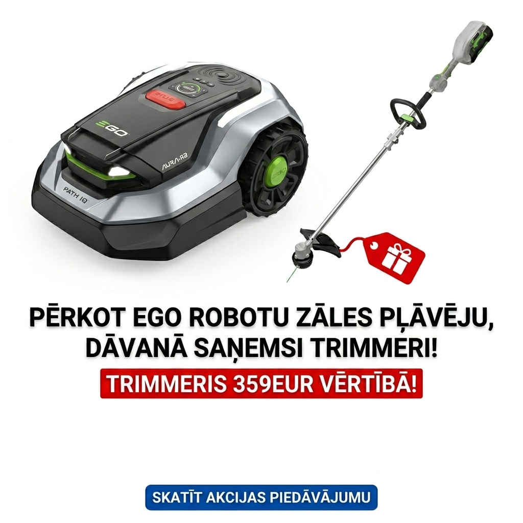 Dāvanā trimmeris 359eur vērtībā_3000m²_Bezvadu zāliena robots EGO Power+ AURA-R2 RMR3000 + dāvanā Akumulatora trimmeris EGO Power+ Split-Shaft ST1301E-S 33cm 359.00 EUR